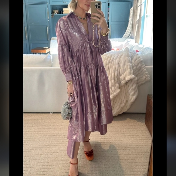 Anthropologie- Pilcro Shimmery Lilac Button-Front Tiered Dress - Picture 16 of 16
